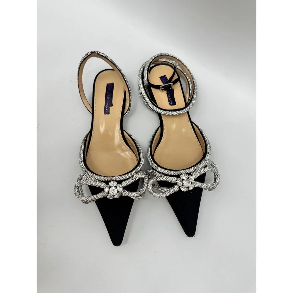MACH & MACH Flawed Double Bow Flats Women 39.5 Black Crystal Embellished Satin